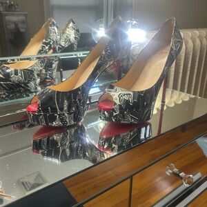 Christian Louboutin Black and Red Graphic Peep-Toe Heels